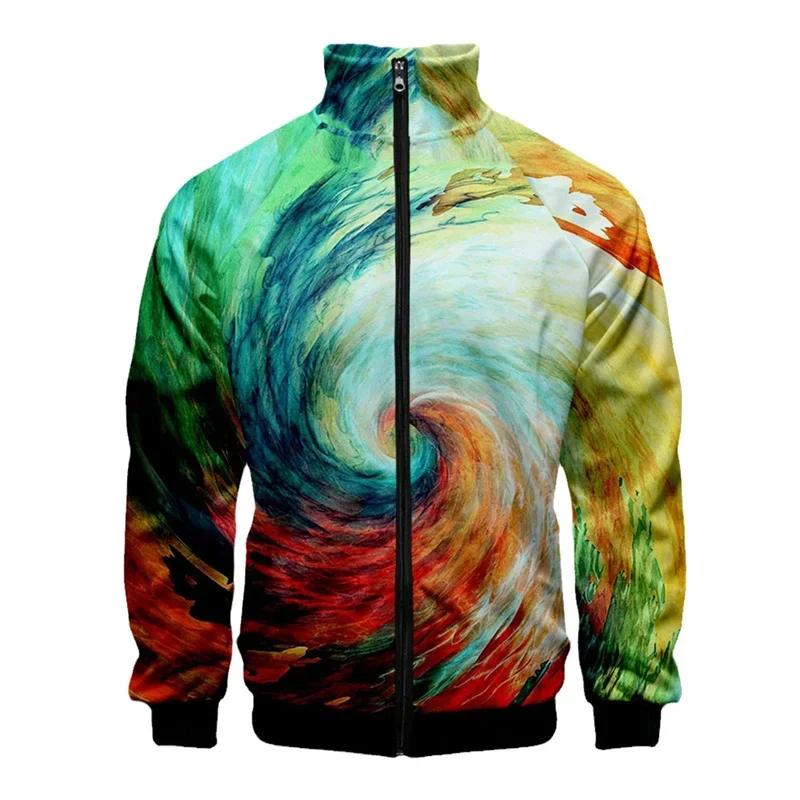 Jaqueta de gola alta com estampa 3D espiral colorida masculina, jaquetas com zíper, casacos legais, casaco extragrande, moda de rua, primavera, outono