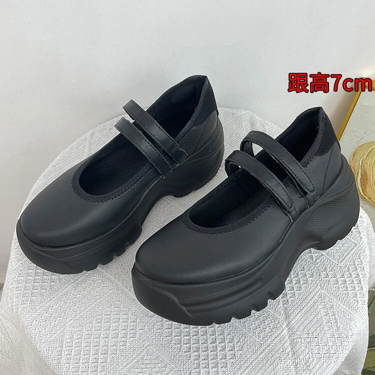 

Black Thick-Soled Mary Jane Sneakers Casual Black High-Heeled Buckled Pumps Shallow Soft Leather Platform Women Shoes Chaussure