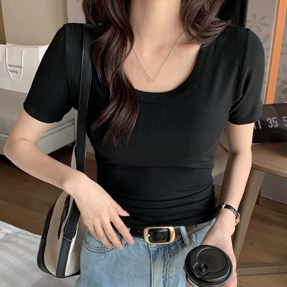 

Slim Korean Y2K Crop Tops Round Neck Solid Color Black White Grey T-shirt Short Sleeves Women Clothing Slim Short T-shirt