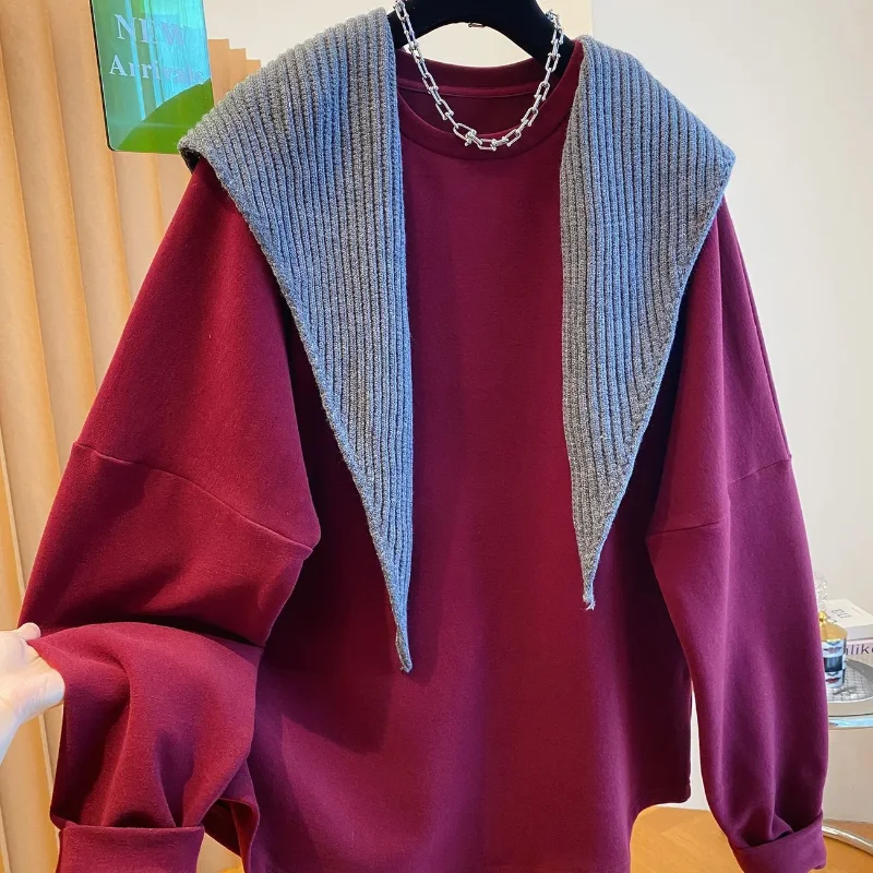 Blauw gebreide sjaal plus fleece sweatshirt voor dames herfst en winter losse casual top met ronde hals