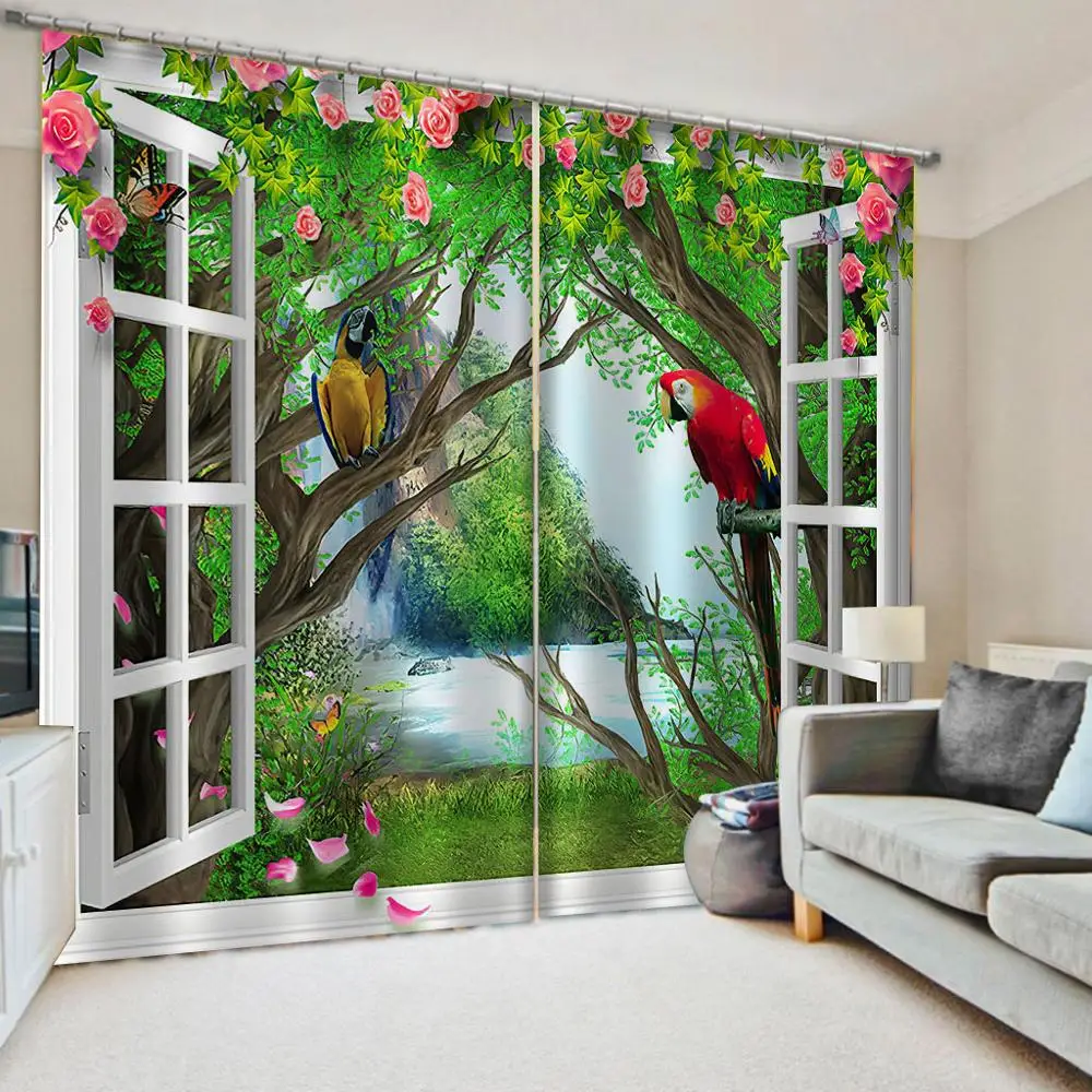 Luxury Bedroom Drapes cortina Customized size Custom green nature scenery curtains birds window curtain