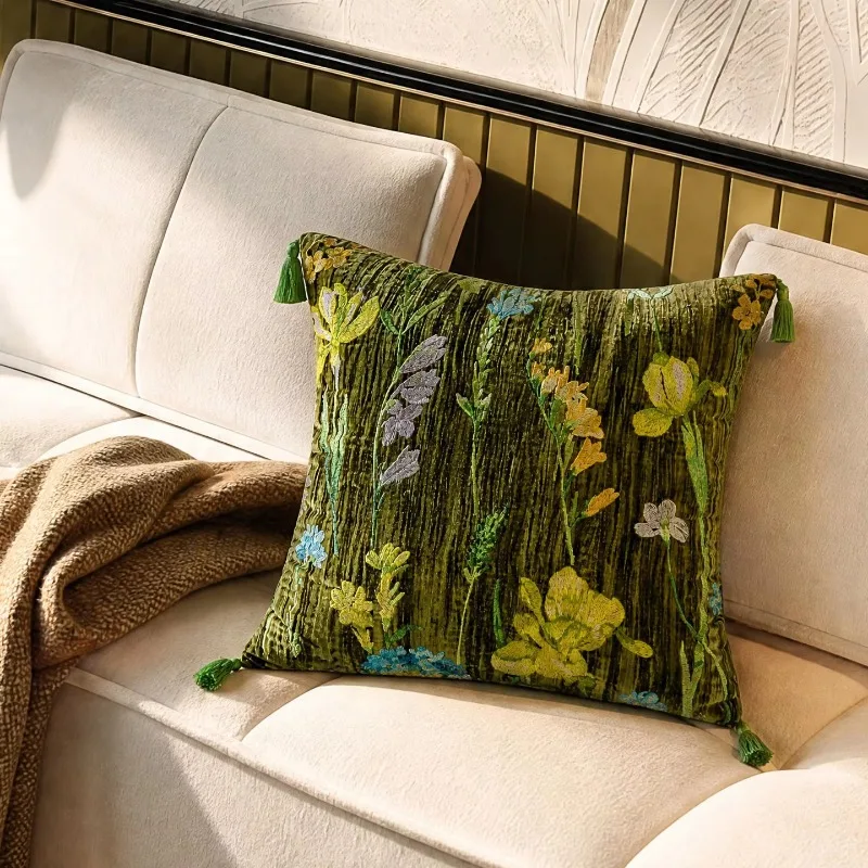Premium Embroidered Velvet Pillow Cover with Tassels Exquisite Tropical Leaf Throw Pillow Sham Elegant Luxury Home Decor Accent