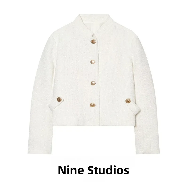 NINE ZAR Women's Short Jacket Coat Stand Collar Button Decor Long Sleeve Winter Fashion European Style Ladies Premium Clothing
