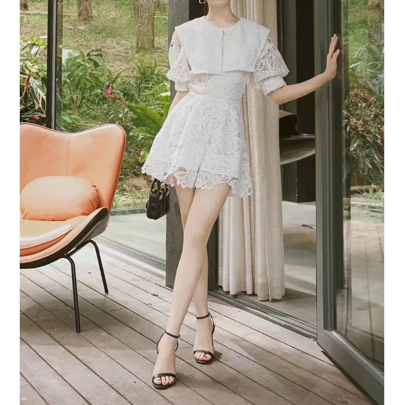 White Chic Playsuits Women  Summer Puff Sleeve Elegance Rompers Ladies Hollow Out Vintage Party Vestido Female Clothing