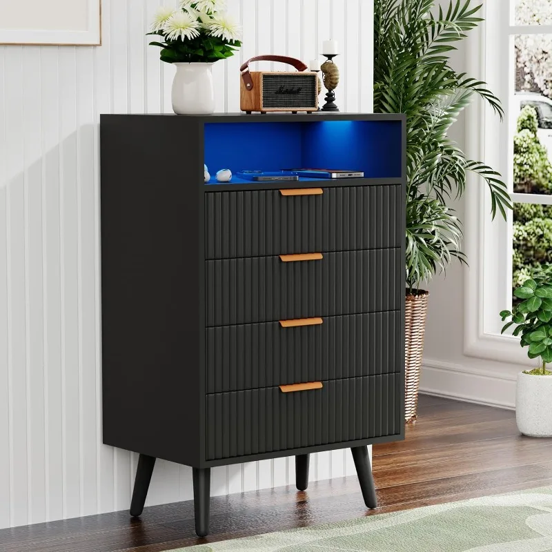 4 drawer dresser with LED light, wooden black dresser, modern chest of drawers for bedroom, 38 