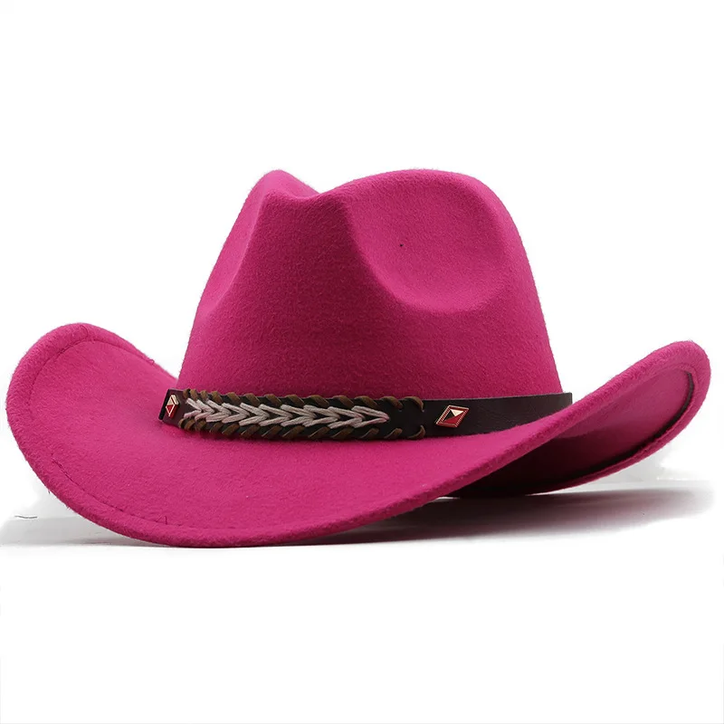 Belt Western Cowboy Top Hat for Men Women Vintage Wide Brim Felt Cap Hot Pink Cowgirl Hat Outdoor Unisex Parent-child Sun Hat