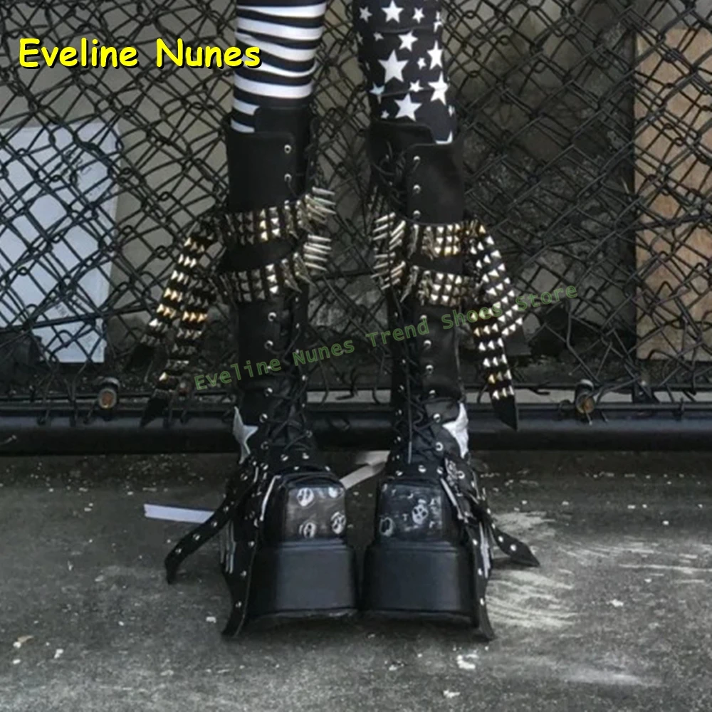 

Сапоги в стиле панк с квадратным носком и заклепками и пряжкой, украшенные шипами и металлическими шипами, толстая подошва, увеличивающие рост, сапоги до колена в стиле субкультуры Y2K