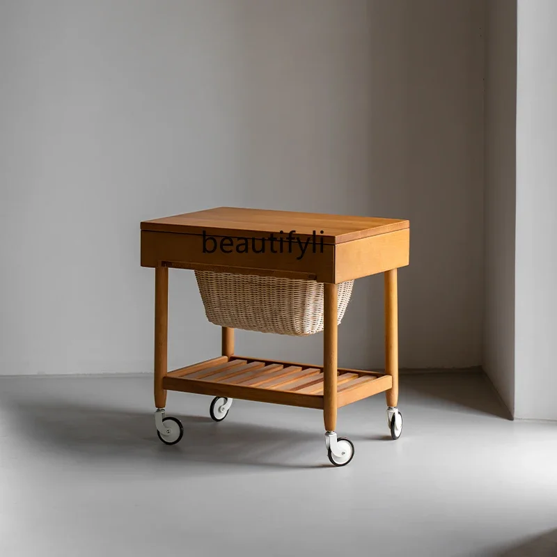 · Medieval, retro simple teak all solid wood basket mobile cart storage side cabinet log wind