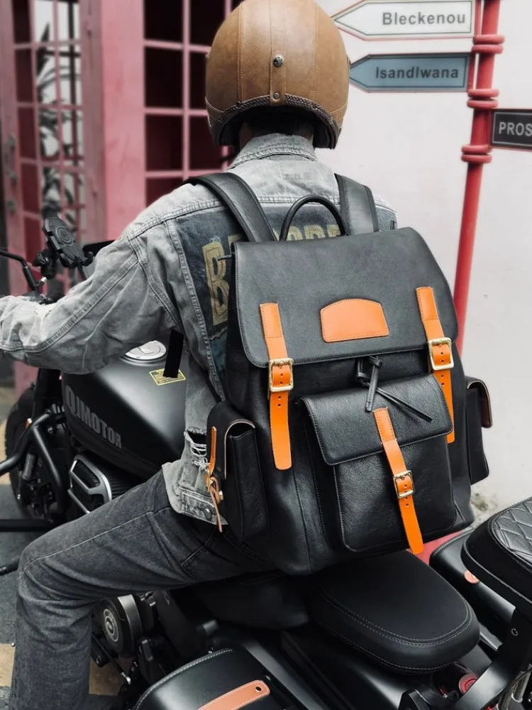 Men Vintage Genuine Leather Motorcycle Bag Mixed Color Handmade Real Cowhide Large Capacity Travel Laptop Casual School Backpack