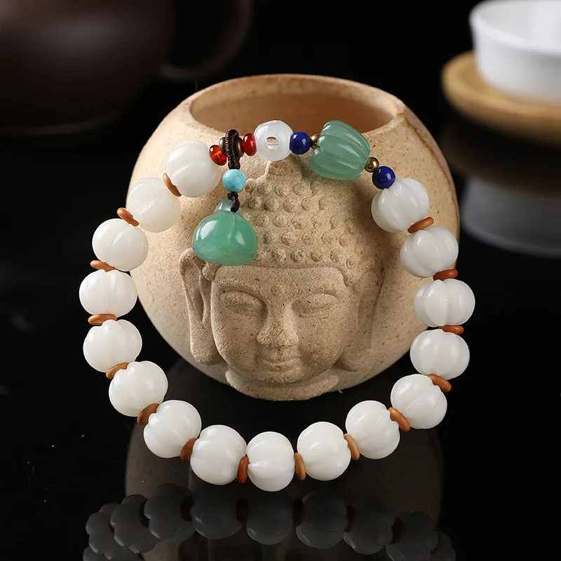 Natural White Jade Bodhi Bracelet Bodhi Root Carved Pumpkin Beads Lingyin Same Style Hot Selling Bracelet Women's Ancient Style