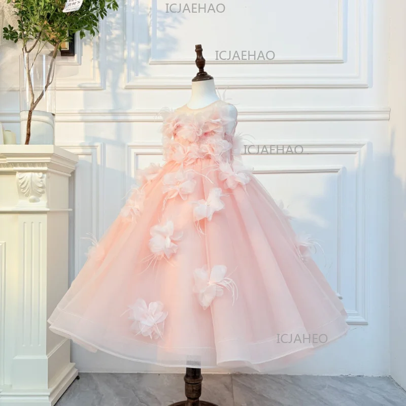 2026 Children Pink 3D Floral Girls Princess Gown Flower Girl Wedding Kids Birthday Runway Piano Performance Tutu Pageant Costume
