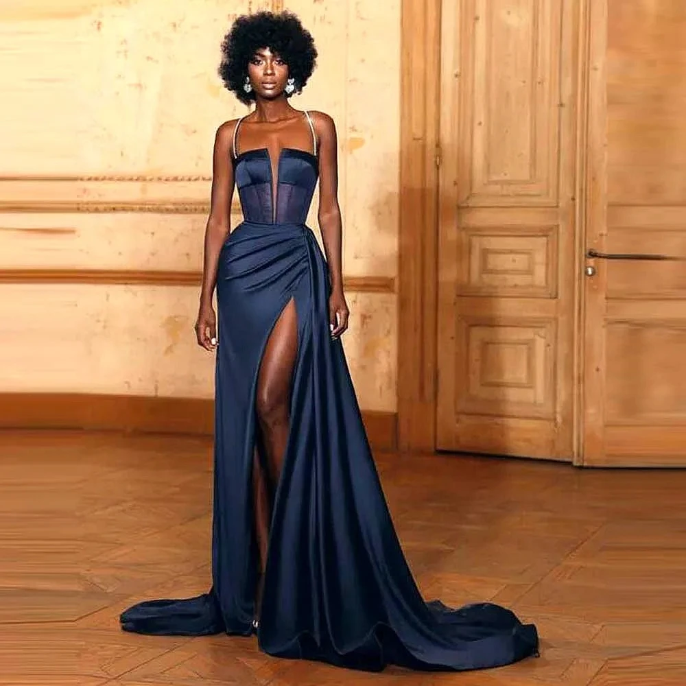 2024 NEW Evening Party Dress For African Women Formal Vestidos Nany Blue Simple Prom Dress High Slit Satin