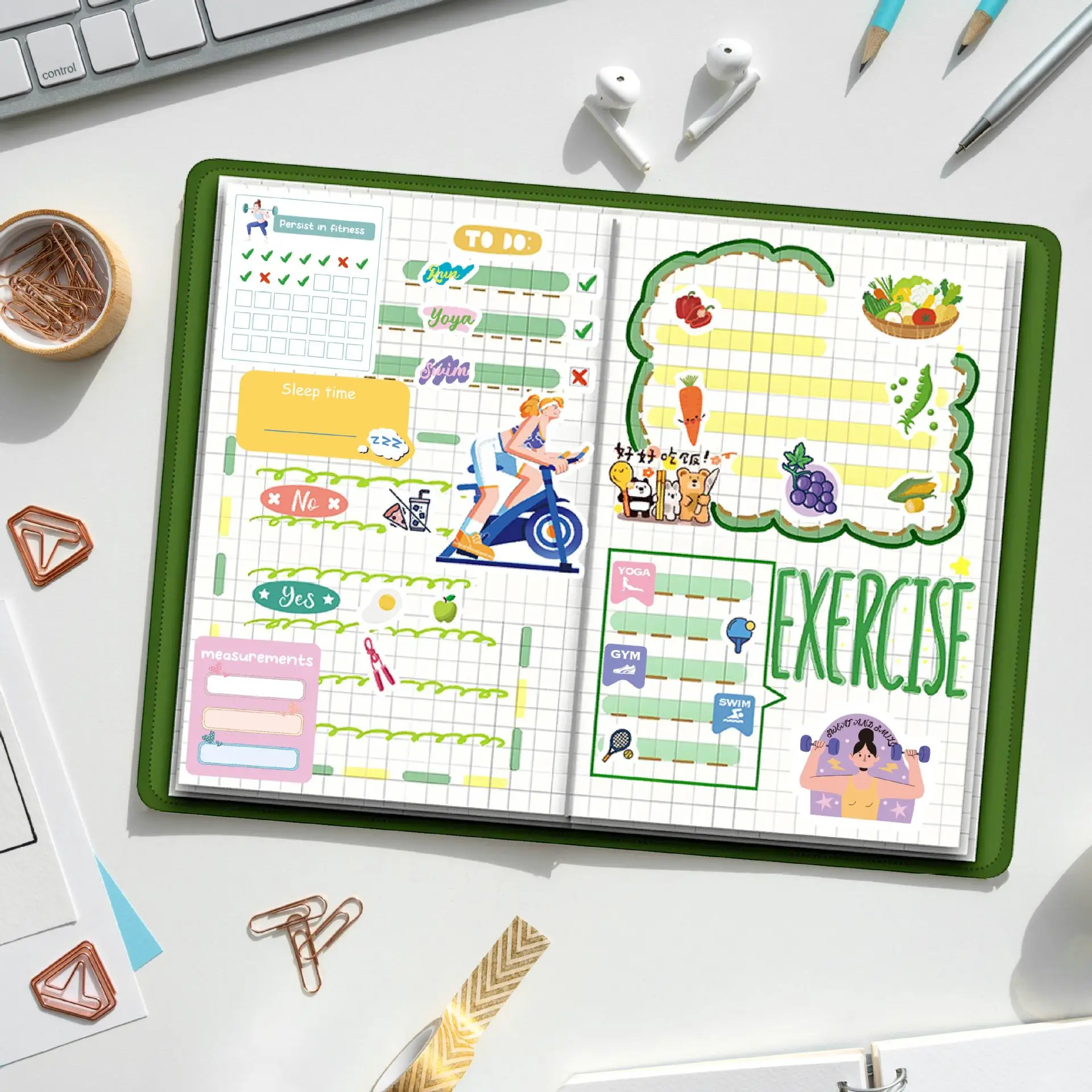 4 أوراق/مجموعة ملصقات اللياقة البدنية - أمي أو طالب، متتبع العادة، للمخطط الأسبوعي واليومي أو التقويم أو المجلات - ملصق للنساء