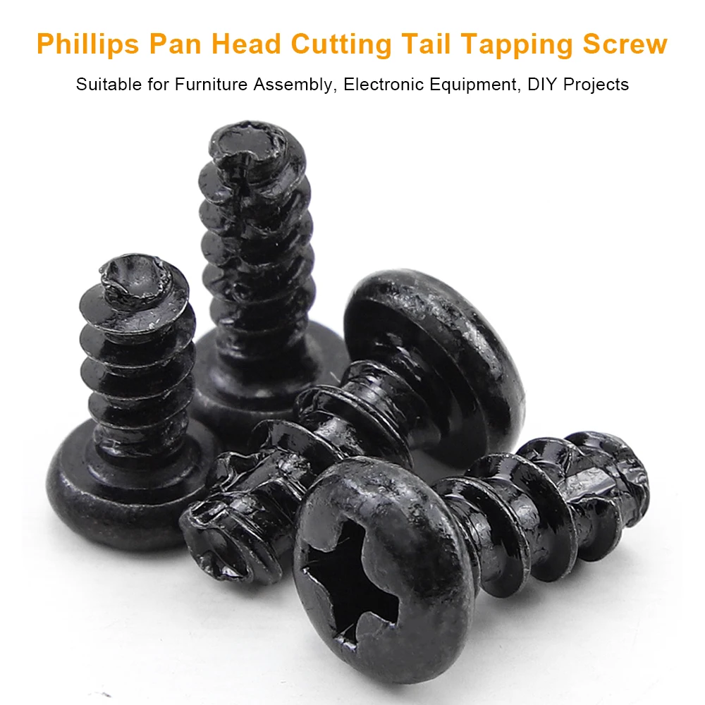 JUIDINTO 20-100pcs Philiips Round Head Cutting Tail Self Tapping Screws Black Plated Carbon Steel PT Cross Pan Head Screws M2-M5