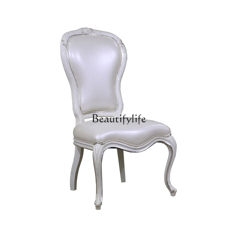 European solid wood dining chair hand-carved retro old silver tracing craft chair