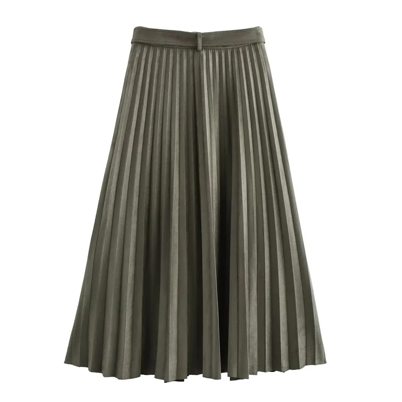 TRAF Pleated Long Skirt Woman Faux Suede Solid Skirts For Women Vintage Autumn Belt Midi Skirt High Waist Elegant Female Skirts