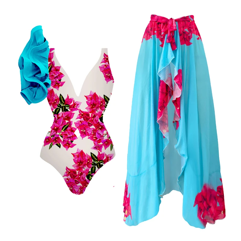 One Shoulder Ruffle Blossom Print One Piece Swimsuit and Sarong Summer Swimwear Women Beachwear