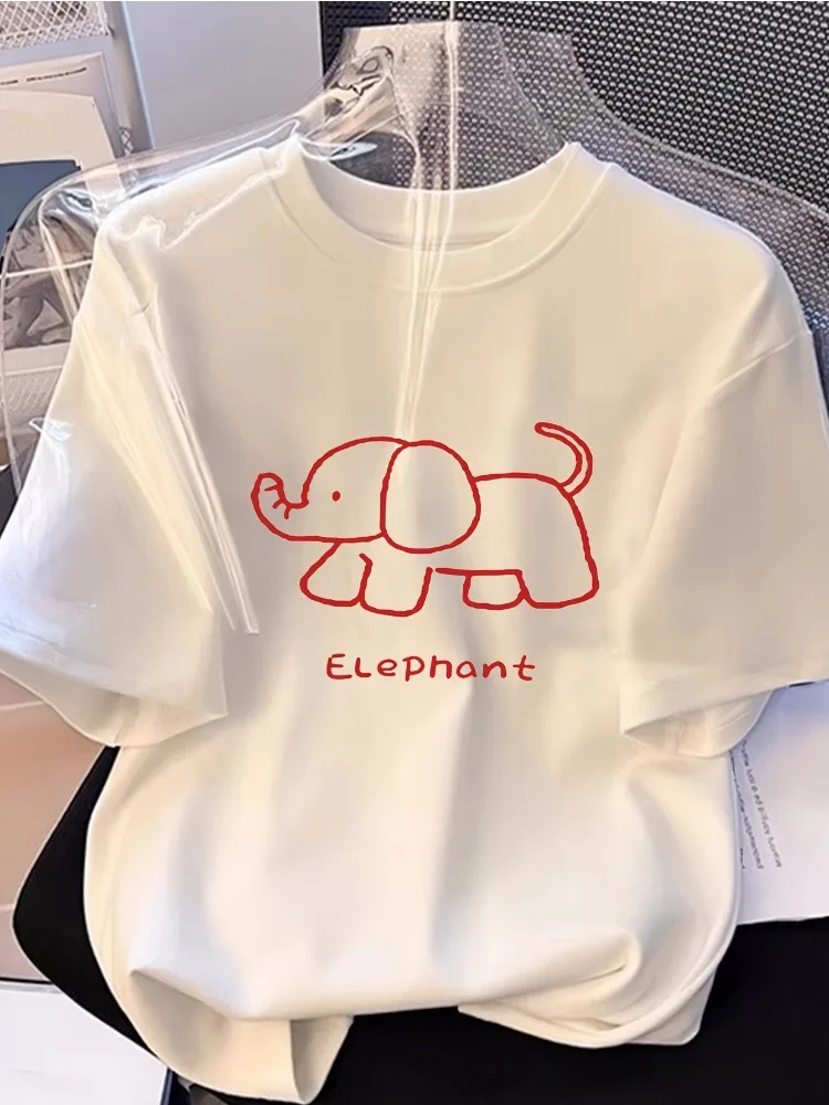 Women's Cotton Loose-fitting T-shirt with Cute Elephant Pattern, Round Neck Short Sleeves Casual Soft and Loose-fitting Top