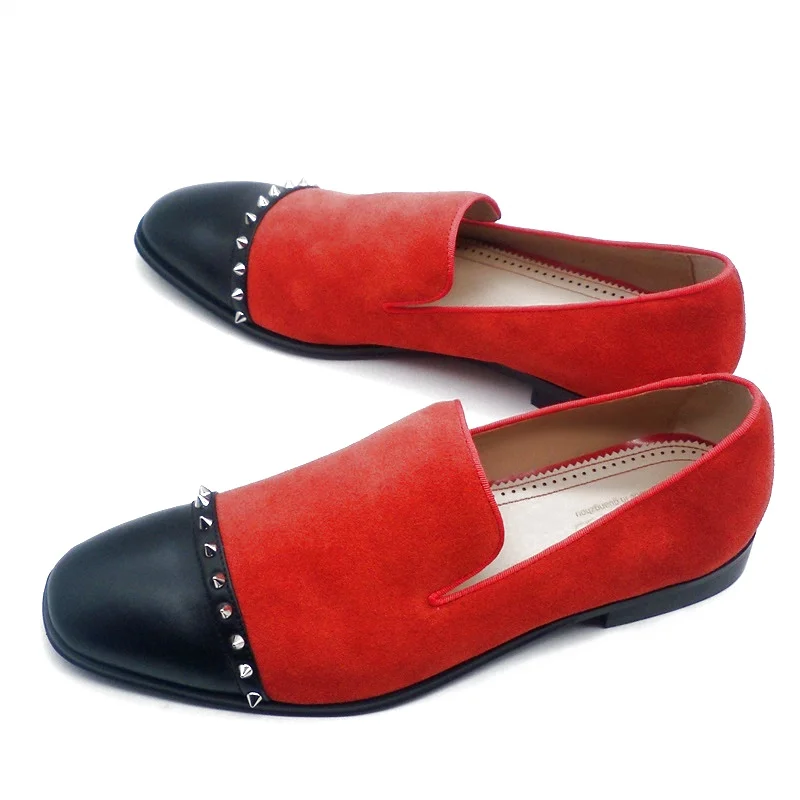 Italy Stylish Red Suede Shoes Men Rivets Loafers Handmade Leather Shoes Mens Dress Shoes Slip On Casual Shoes