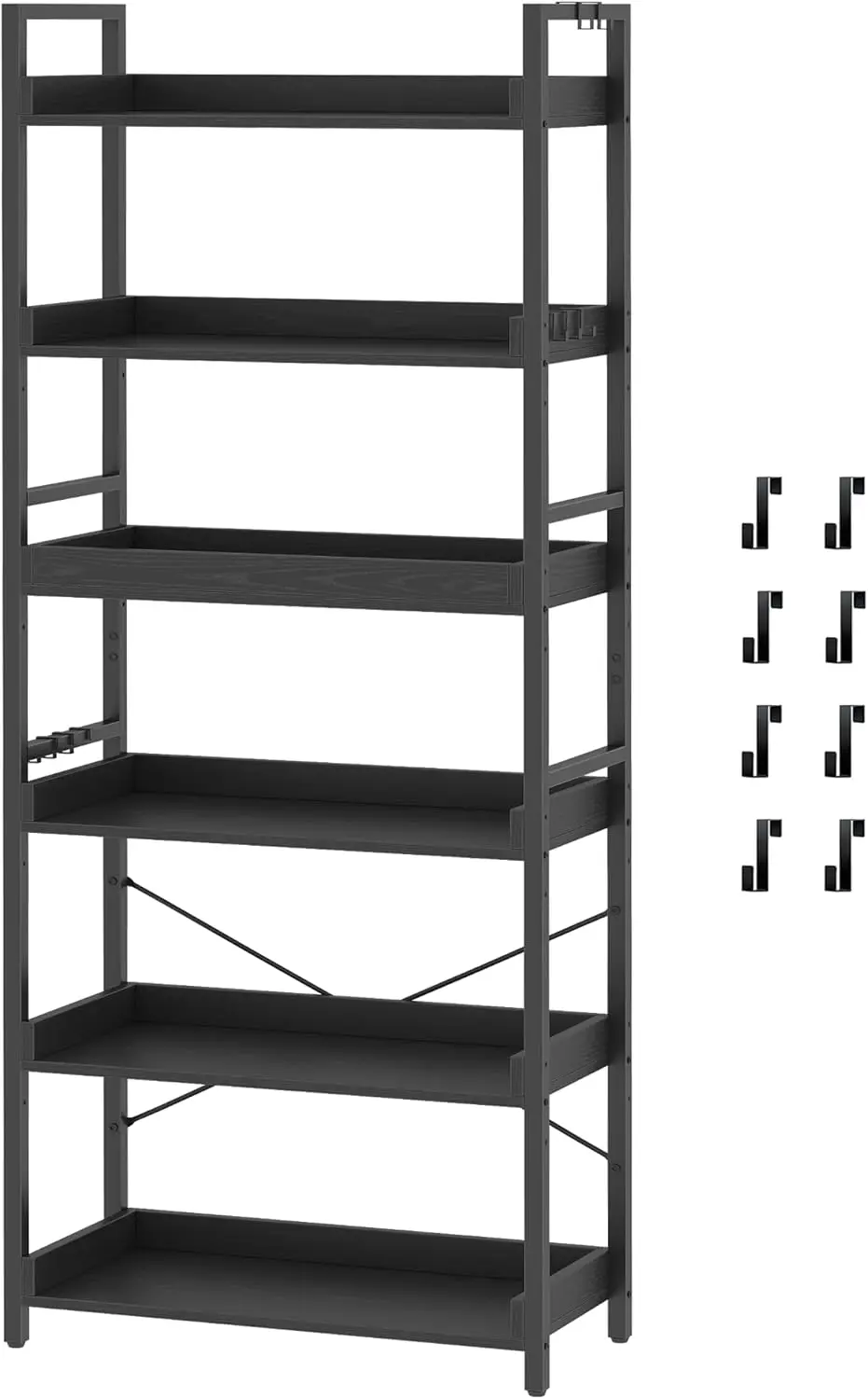 

6 Tier Bookshelf, Adjustable Industrial Bookcase, Vertical Tall Book Shelf, Wood and Black Metal Open Bookshelves