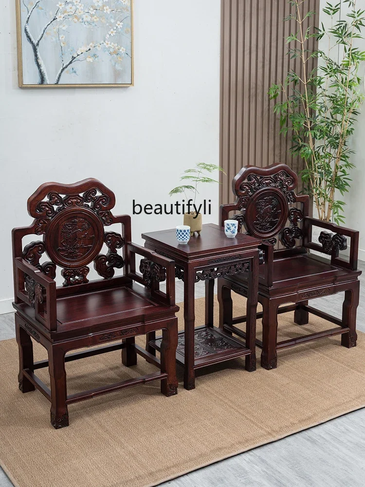 Palace 3-Piece Solid Wood round-Backed Armchair Taishi Chinese Style Classic Style Rosewood Reception Chair Ming and Qing Carved