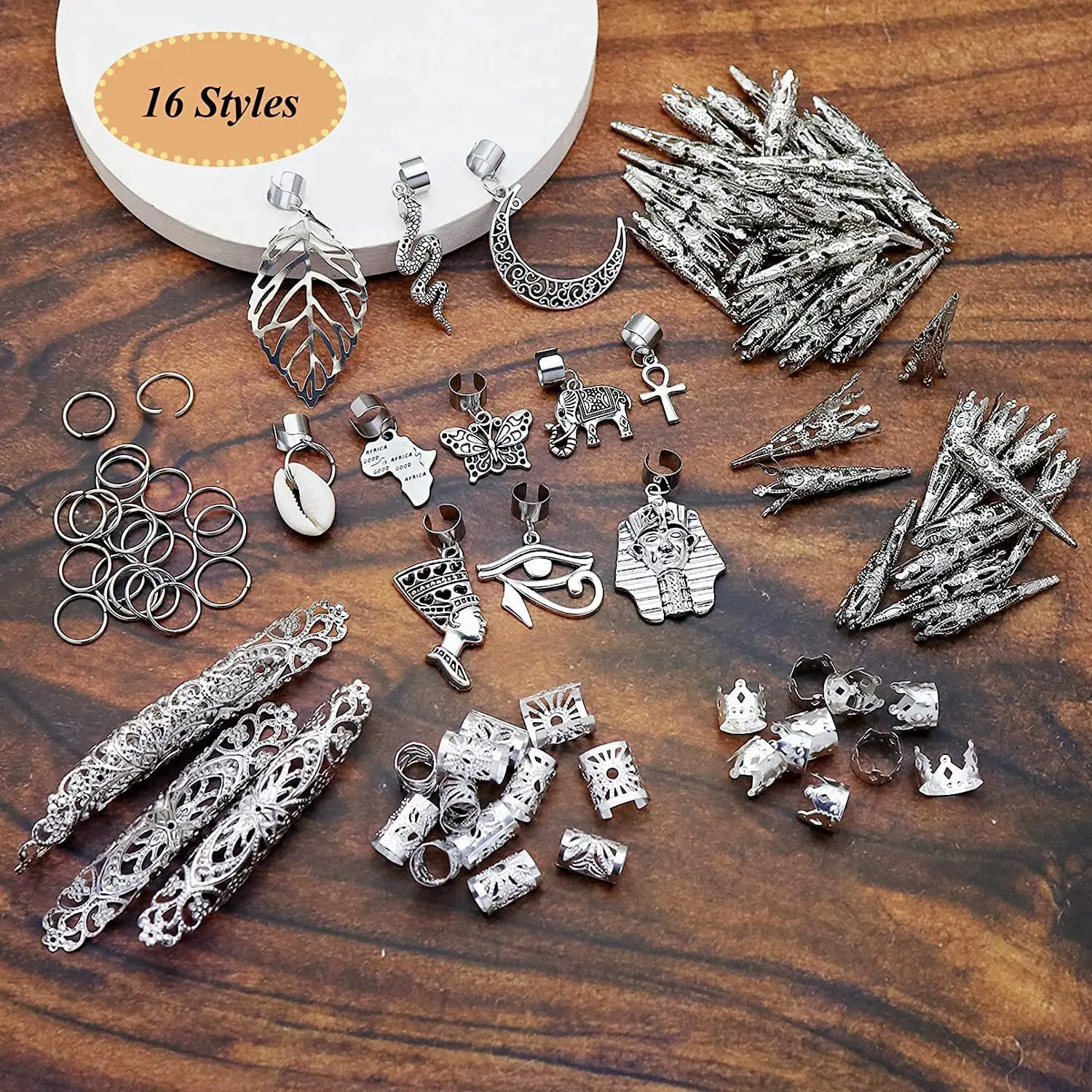 Set di anelli per capelli Dreadlock in metallo con foglie d'argento e luna da 107 pezzi/borsa, ideali per feste e banchetti