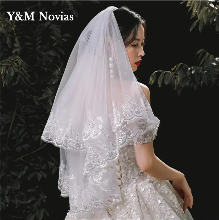 

Y&m Novia Cheap beaded Veil 2023 New Arrival White Ivory 1M 1.5M Lace Applique Bridal Wedding Veils Bride Veil Wedding Accessory