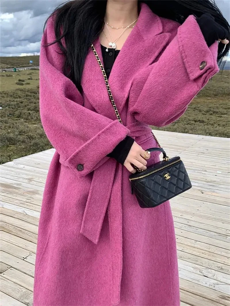 Rose Pink Temperament Woolen Coat Women's Autumn And Winter New Style Loose Over The Knee High-end Medium Long Woolen Coat P88