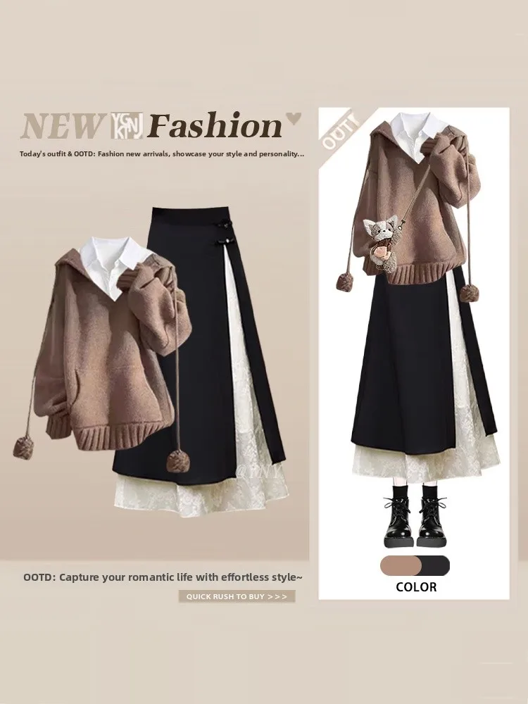 

Retro Winter Women's Knitted Hat Sweater Top f Skirt Set Tee Pieces Ensemble Hooded Vintage Sle Coffee Color Knitwear