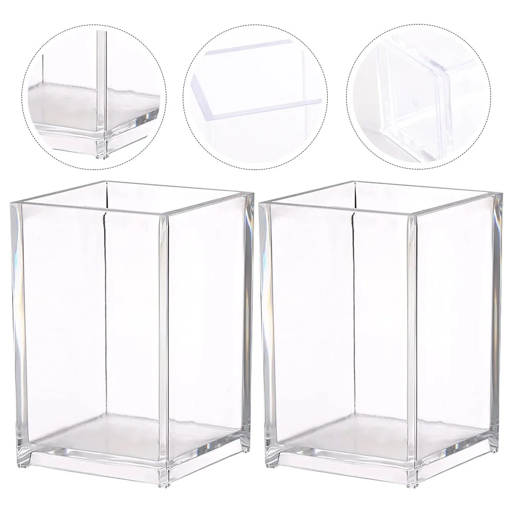 2Pcs Acrylic Desktop Pen Holder Transparent Stationery Organizer Multifunctional Pencil Pot Makeup Tools Storage Container