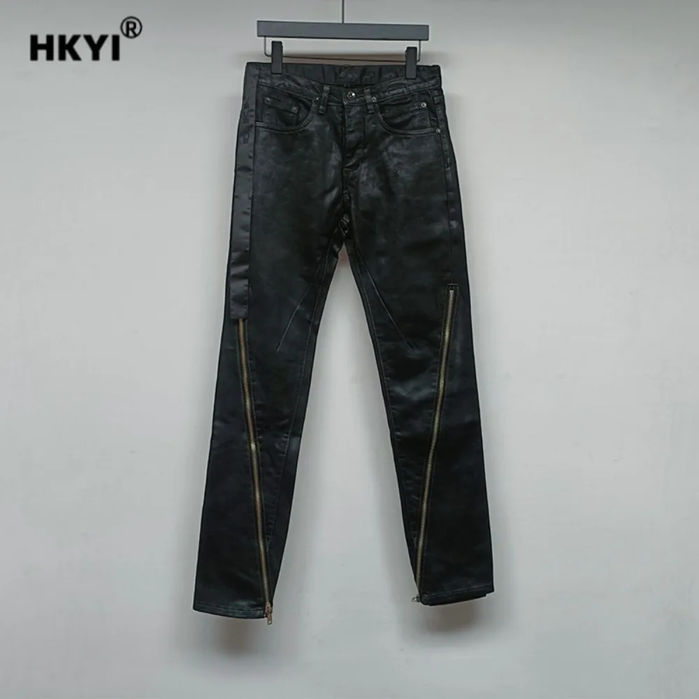 HKYI الرجال السراويل الشمع نحى الشمع نمط مزدوجة سستة قابل للتعديل الجينز الأسود شارع العليا السراويل الشمع السراويل الرجال الجينز