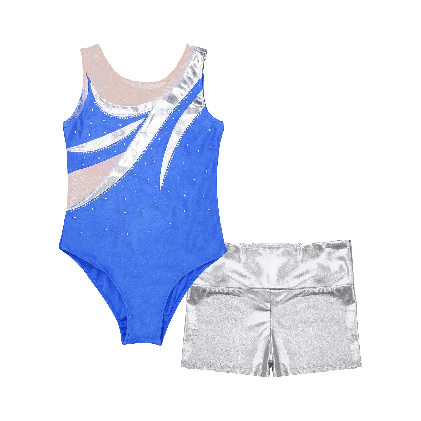 Kids Girls Sleeveless Gymnastics Jumpsuit + Shorts Rhinestone Shiny Metallic Ballet Dance Outfits Children Dancewear Costume Set