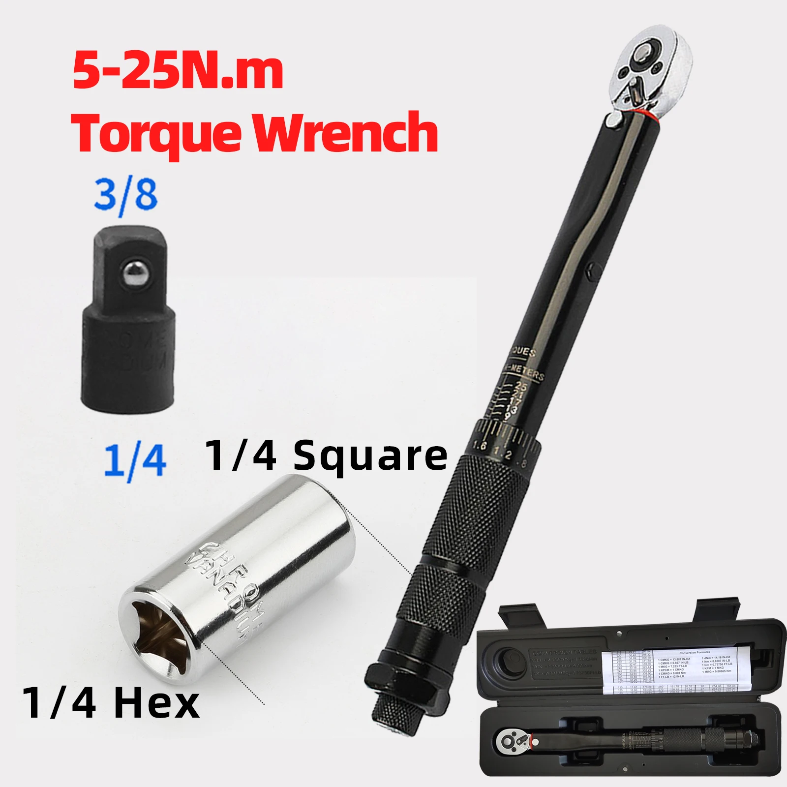 

1/4 Bicycle Torque Wrench 5-25N.m Cycling Ratchet Spanner Key ±4% Accuracy Two-way Adjustment Square Drive Garage Repair Tool