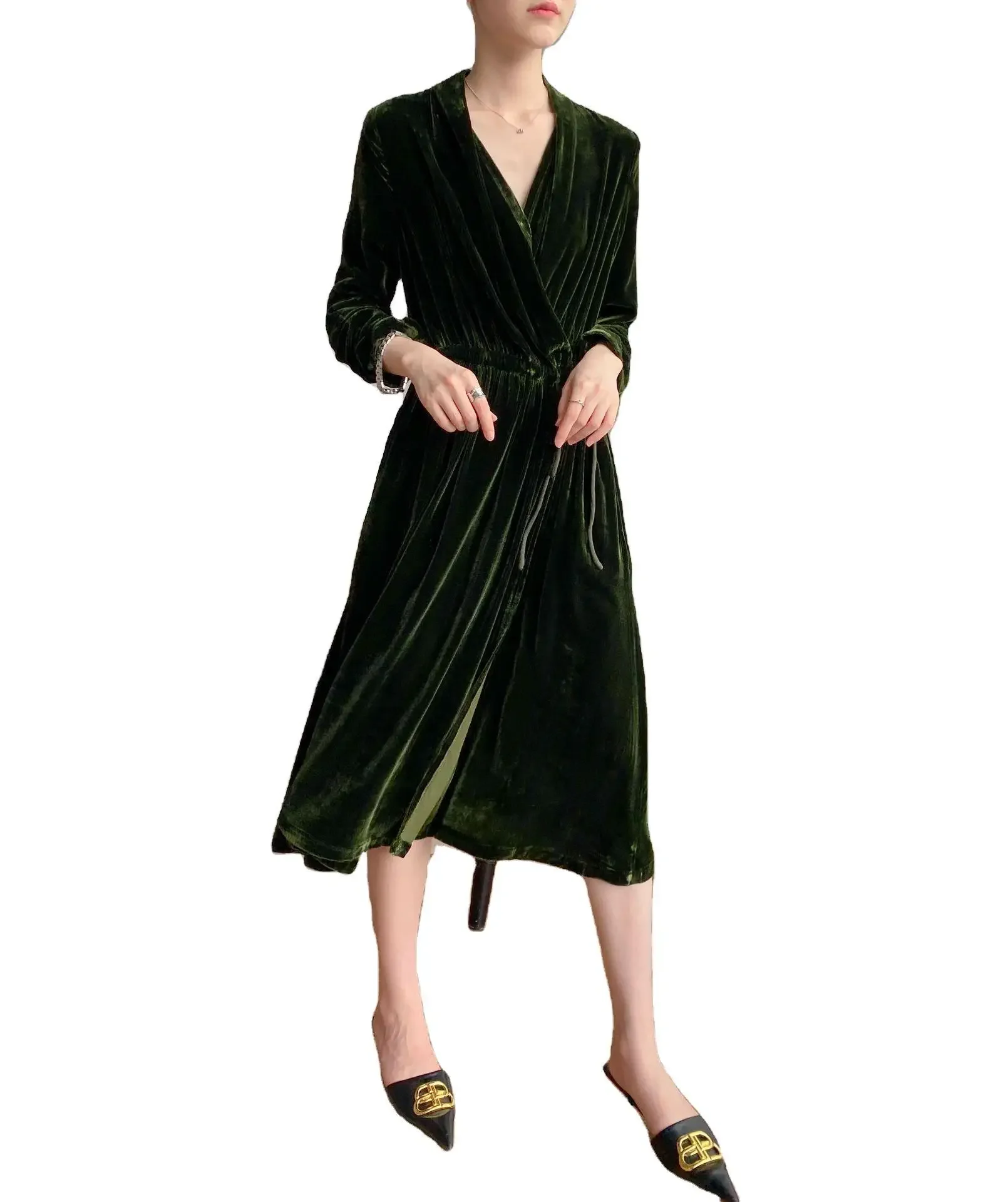 2024 Vintage Dress Woman 100% Silk Elegant Dresses For Women Midi Dress Female V-neck Spring Autumn Clothes Vestidos Pph3378