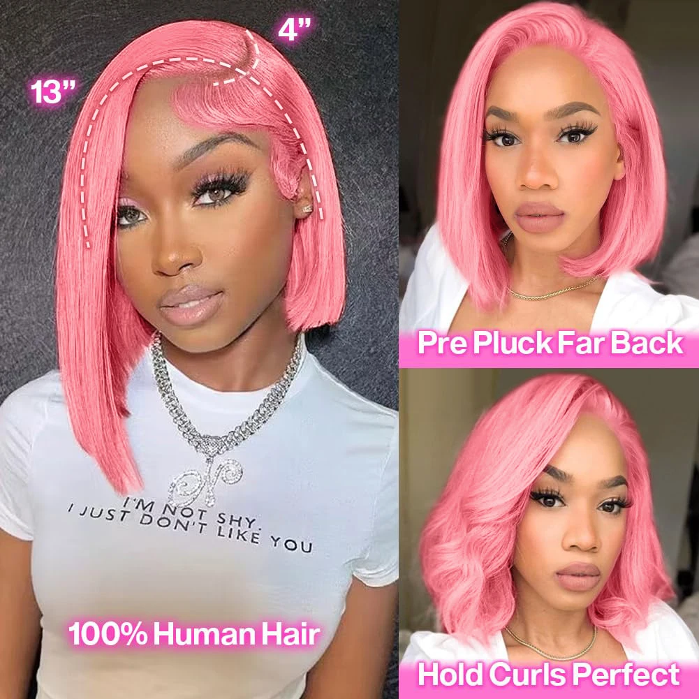 Pink Bob Transparent Wig Straight 13x4 Lace Front Human Hair Wigs For Women Short Bob Lace Wigs Bleached Knots Pre Plucked Wigs