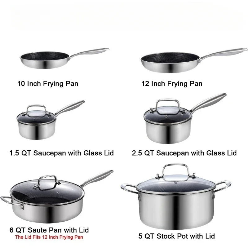 Kitchen Cookware Hybrid Tri-ply Stainless Steel Pots and Pans Induction Cookware Heavy Duty Dishwasher and Oven Safe.