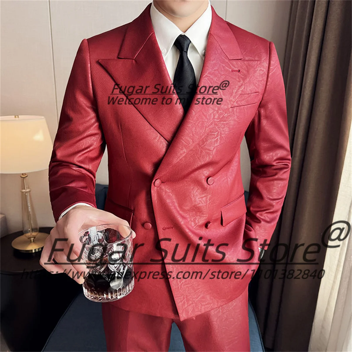 Italian style Red leather Men Suits Slim Fit Double Breasted Groom Formal Tuxedos 2Pieces Sets Luxuly Male Blazers Costume Homme