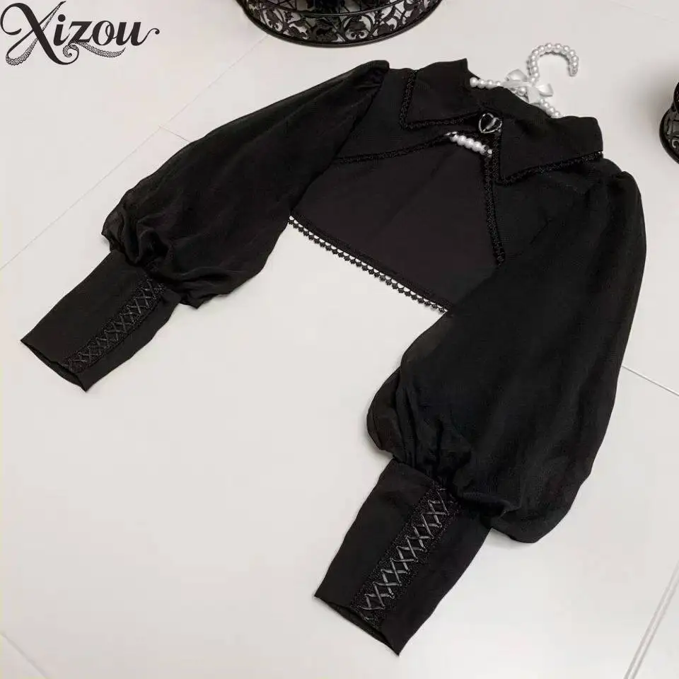 

Women Cropped Shrug Puff Long Sleeve Chiffon Pearl Heart Button Lace Cuff Gothic Lolita Japanese Casual Summer Outerwear Top