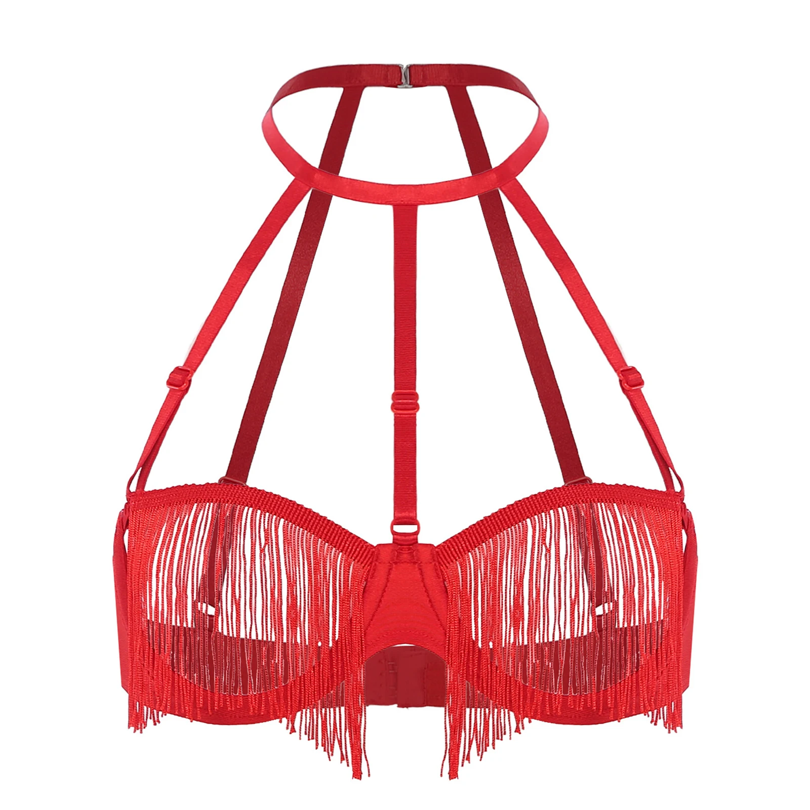 Womens Sexy Lingerie Tassel Hollow Out Cup Bra Push Up Underwire Balconette Nipples Bare Exposed Breast Bralette Fringe Cage Bra