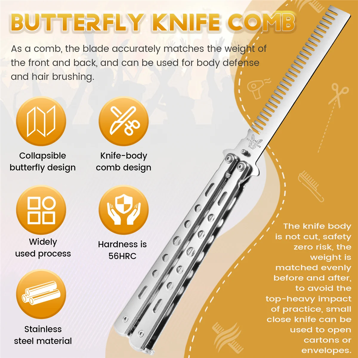 مشط فراشة قابل للطي من الفولاذ المقاوم للصدأ ، تصفيف الشعر ، سكين تصفيف الشعر ، فرش اللحية والشارب