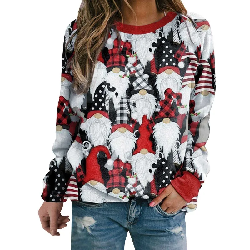 

Autumn Winter Women's Pullover Round Neck Cartoon Printed Lantern Plaid Printing Long Sleeve T-shirt Hoodies Fashion Casual Tops