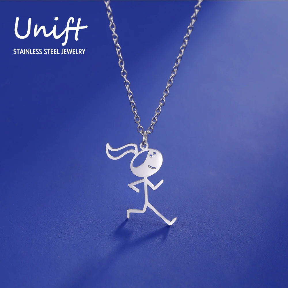 Unift Cartoon Running Girl Necklace for Women Daughter Stainless Steel Chain Fashion Trendy Athlete Sporty Jewelry Birthday Gift