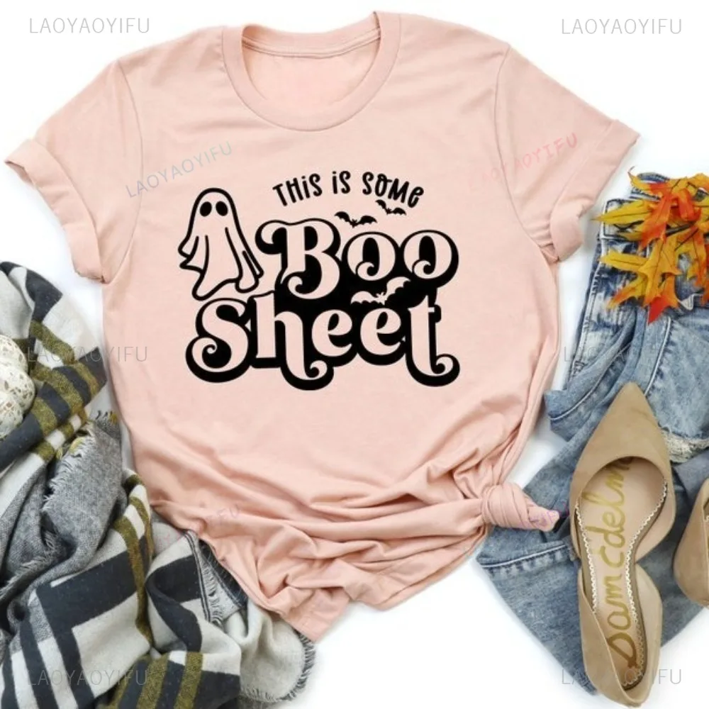 This Is Some Boo Sheet Funny Halloween Ghost Cartoon Graphic Women T-shirt Casual Fashion Loose Short Sleeve Man Streetwear