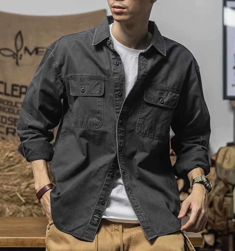 

Heavyweight Cotton Work irt Men's Loose Long Sve Vintage American Casual irt for plus Size 300 Pou Spring Autumn