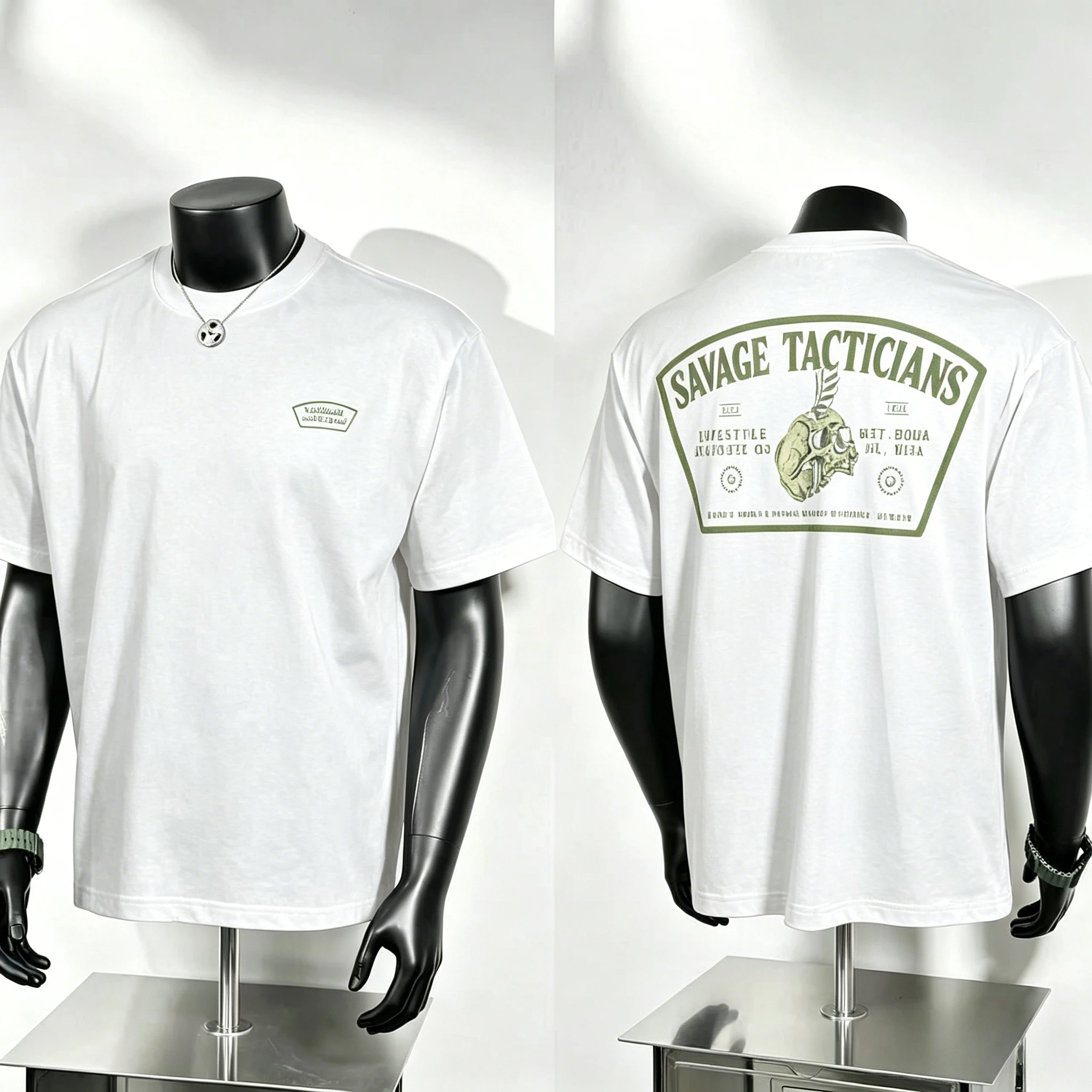 Savage Tacticians Graphic T Shirt, Olive Green Badge Chest Logo and Large Arch Frame Skull Helmet Back Print, Retro Military Tee