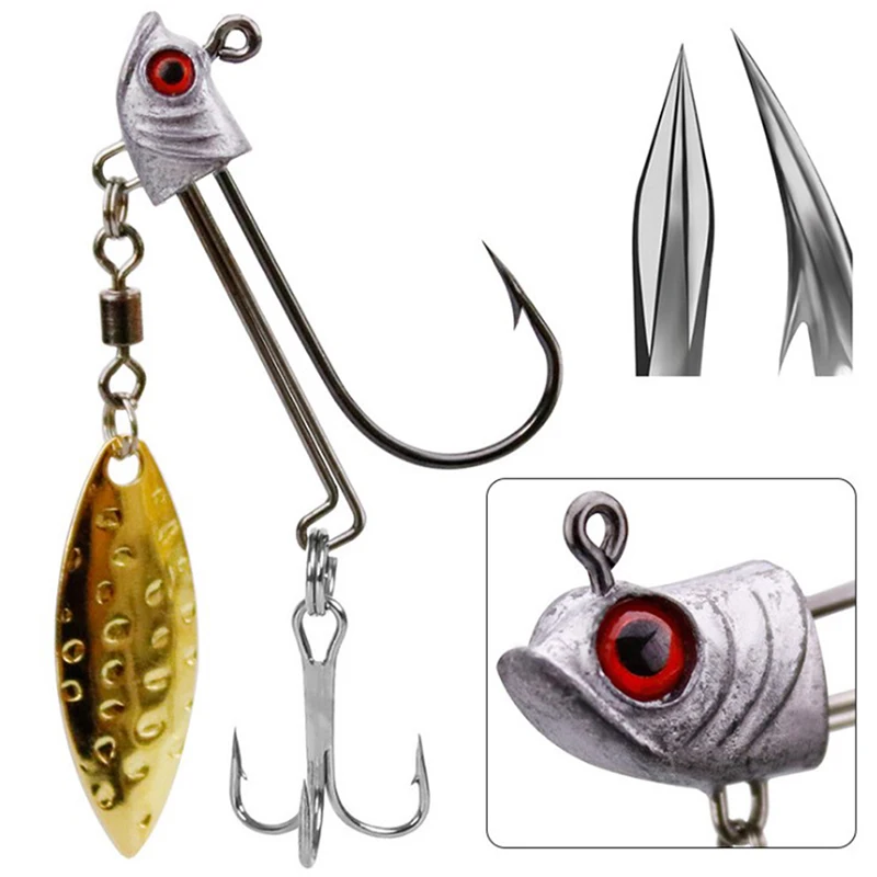 Silver Carbon Steel Fishhead Hook Double Hook Blood Groove Hook With Willow Leaf Glitter Luya Fishhook 7g10g17g Fishing Gear