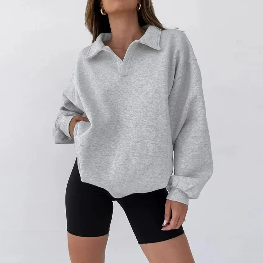 Sweat-shirt ample et décontracté, Design à col, haut confortable, couleur, Long, Sve, Streetwear, coupe régulière