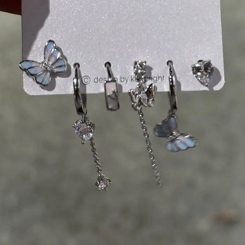 Brincos de pingente de borboleta de cristal para mulheres, acessórios de jóias vintage Kpop Goth, estética Y2K, grunge, 2000s, Emo, 6pcs