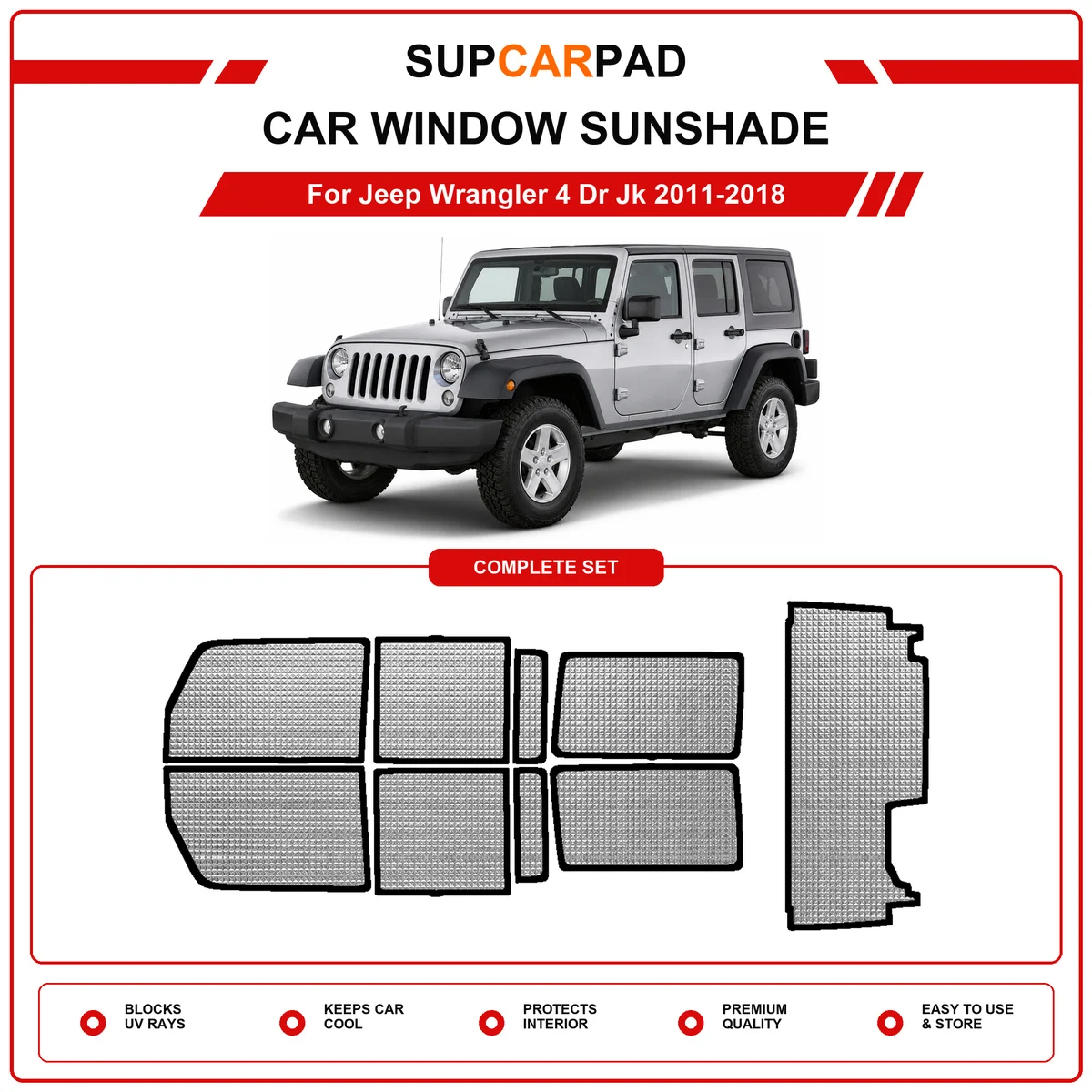 For Jeep Wrangler 4 Dr Jk 2011-2018 Pre‑Cut Auto Window Sunshade Anti‑UV Car Sun Visor Protector
