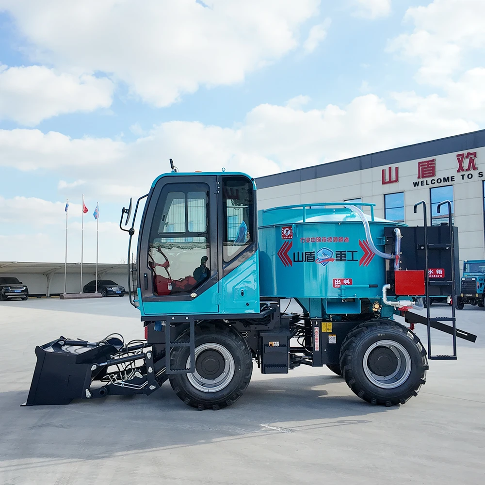 Flat Mouth Self-Loading Concrete Mixer 3-in-1 Load/Mix/Transport Small Cement Mixer for Construction